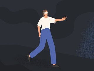 women blindfolded character walking in the dark