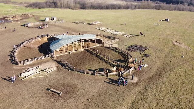 Sergiev Posad, Russia - 30 October 2021: Camel farm ethnopark "Nomad" from a bird's eye view