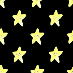 Seamless pattern with cute watercolor illustrations of stars on black backdrop. Pattern for textile, backgrounds, prints, digital paper. 
