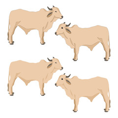 Fototapeta premium Set of colorful realistic zebu Indian cow cartoon eyes farmer standing