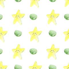 Seamless pattern with watercolor illustrations of cute stars and green spots. 