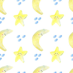 Seamless pattern with watercolor illustrations of cute  moon and stars 