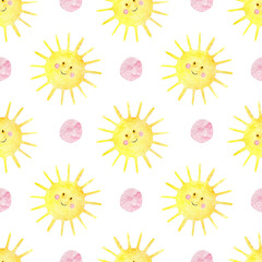Seamless pattern with watercolor illustrations of cute sun and pink spots. Pattern for kids, textile, backdrops. 