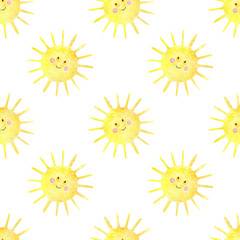 Seamless pattern with watercolor illustrations of cute sun on white backdrop. Pattern for kids textile, fabric, decor, print. 