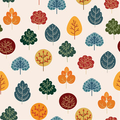 Fall autumn season trees, colorful seamless pattern. flat design vector illustration.