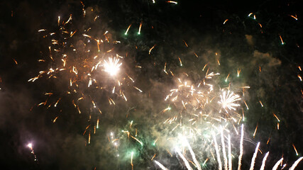 Green Firework celebrate anniversary happy new year 2022, 4th of july holiday festival. Green firework in night time celebrate national holiday. Countdown to new year 2022 festival party time event