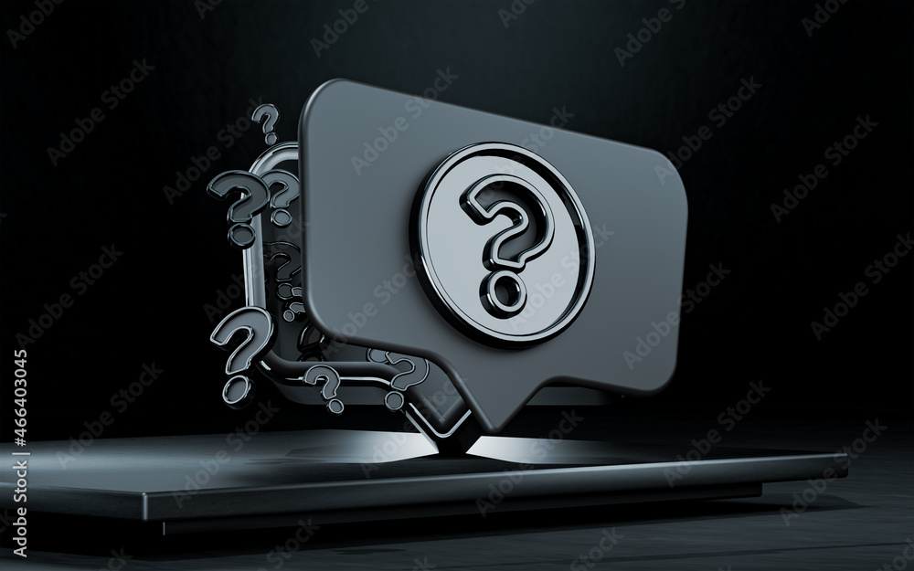 Poster metallic glossy question mark symbol on dark background 3d rendering