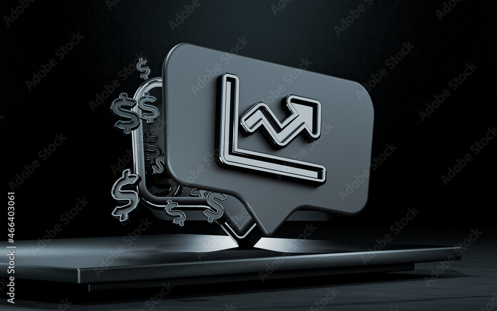 Poster metallic glossy business chart and dollar symbol on dark background 3d rendering