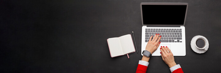 Banner with woman working with laptop computer, view from above