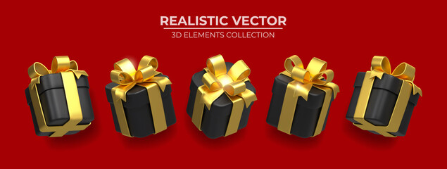 Set of Realistic 3d black gift box with golden ribbons isolated on a red background 3d render flying modern holiday surprise box. Festive decorative 3d render object Realistic vector celebration decor