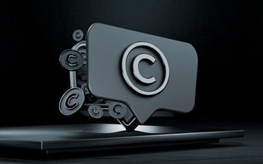 metallic glossy copyright symbol on dark background 3d rendering