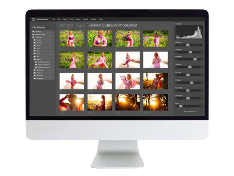Sample interface of digital photo files management and image editing software on desktop computer