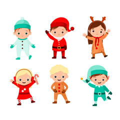 A set of funny kids in Christmas costumes. Flat design.
