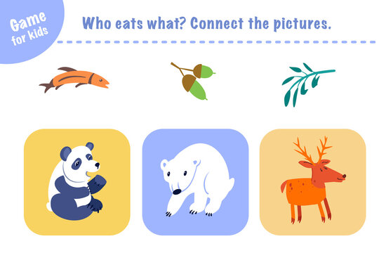 Who eats what? Connect pictures. Game for children. Animals and food. Activity, vector.