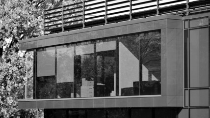 Fototapeta premium Corporate architecture building. New modern office building. Textured pane of contemporary glass architectural building. Black and white.