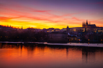 Vibrant sunset over Prague Castle
