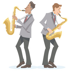 Jazz saxophone players performing back to back on isolated white background. Performing with tenor saxophone. Vector illustration in flat cartoon style.