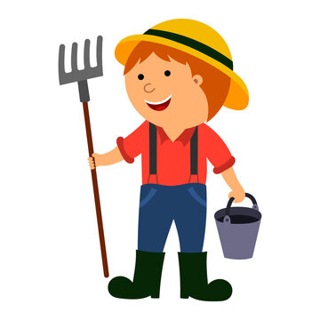 illustration of a farmer in a field, vector isolated on a white background.