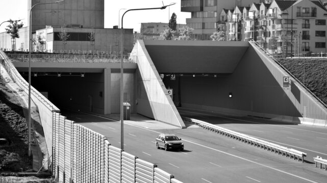 Entrance to the tunnel. Black and white.