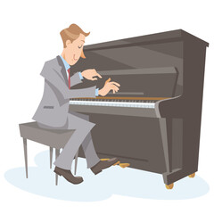 A jazz piano player performing on isolated white background. Performing with upright piano. Vector illustration in flat cartoon style. © lonesomebunny