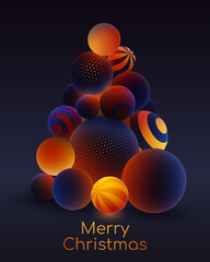 Poster for Merry Christmas, Christmas tree, fir with dark blue balls, and luminous, luminescent orange balls with dots, stripes and magic lights on dark background. Vector illustration. 