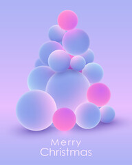 Poster for Merry Christmas, Christmas tree, fir with realistic light blue balls, blured and luminous, luminescent orange balls and magic lights on dark background. Vector illustration. 