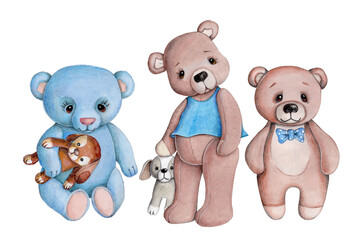 Cute cartoon little fun teddy bears standing front position. Watercolor hand painted art illustration, isolated.