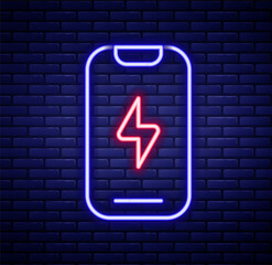 Glowing neon line Smartphone, mobile phone icon isolated on brick wall background. Colorful outline concept. Vector