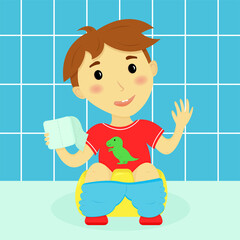 Cute little smiling boy sitting on pot with toilet paper. Flat vector illusration. Cute character sits in anfas with his pants down and waves his hand.