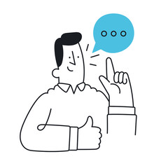 Man with speech bubble holding up his index finger and giving advice. Outline, linear, thin line, doodle art. Simple style with editable stroke.