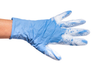 Hand in blue latex gloves with soap foam