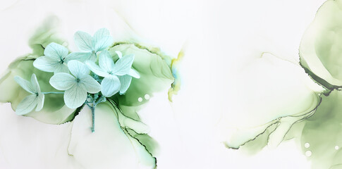 Creative image of pastel mint Hydrangea flowers on artistic ink background. Top view with copy space