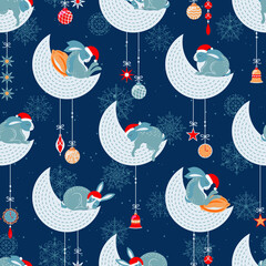 New Year's Hares in red caps sleep on the moons. Night sky, Christmas toys, snowflakes. Seamless vector pattern.