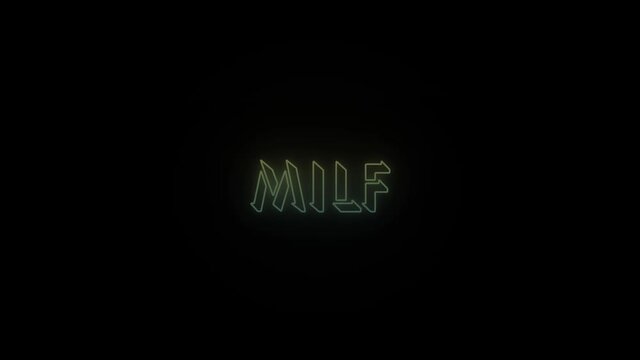 Glowing neon milf word icon on black background. 4K video for your project.