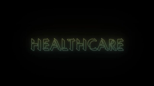 Glowing neon healthcare word icon on black background. 4K video for your project.