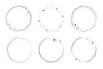 Star circle frame set. Wreath round stardust border for party, birthday decor design. Laurel frame with, cosmic glitter shine. Isolated black flat vector illustration.