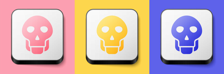 Isometric Skull icon isolated on pink, yellow and blue background. Happy Halloween party. Square button. Vector