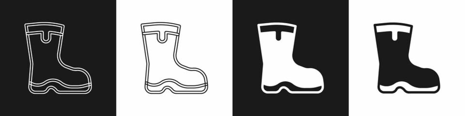 Set Fishing boots icon isolated on black and white background. Waterproof rubber boot. Gumboots for rainy weather, fishing, hunter, gardening. Vector