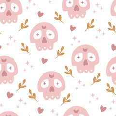 Vector festive seamless pattern with sugar skull on white background. Mexican Day of Dead skeleton ornament Illustration. Print for fabric, textile, kids and baby clothes, paper wrapping, wallpaper.