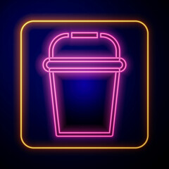 Glowing neon Fishing bucket icon isolated on black background. Fish in a bucket. Vector
