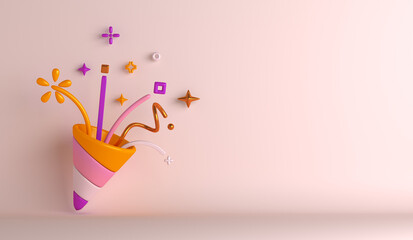 Exploding party popper cone with confetti copy space text, happy new year decoration background, 3D rendering illustration