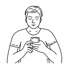 Young man with a phone in his hands. Hand drawn doodle vector illustration. Guy sketch