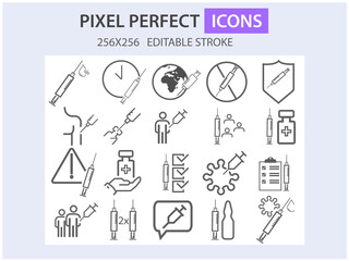 Vaccine and Vaccination Icons Set. Collection of simple linear web icons such as Vaccination of People,