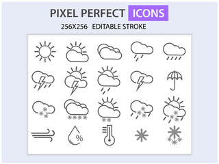 Simple set of weather vector line icons. Contains icons such as wind, blizzard, sun, rain
