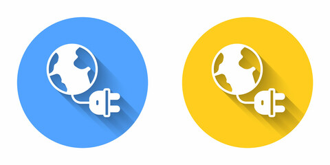 White Global energy power planet with plug icon isolated with long shadow background. Ecology concept and environmental. Circle button. Vector