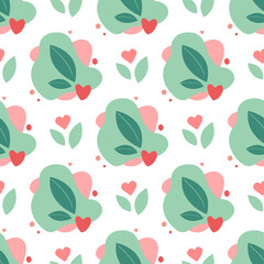The abstract shape in a seamless pattern. The modern graphic elements, colored shapes and spring or summer leaves on the white background, isolated. The texture, print in a vector
