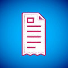 White Paper check and financial check icon isolated on blue background. Paper print check, shop receipt or bill. Vector