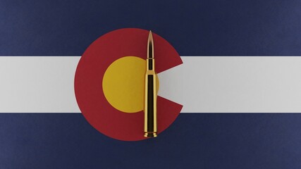 3D rendering of top down view of a single rifle bullet in the center and on top of the US state...