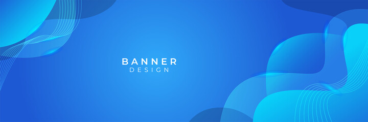 Blue web banner with geometric background. Horizontal promotion banners with blue tech gradient colors and abstract geometric backdrop. Header design. Vibrant coupon template.