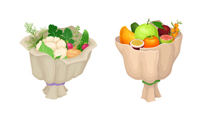 Vegetable and Fruit Bouquet Wrapped in Papper Vector Set